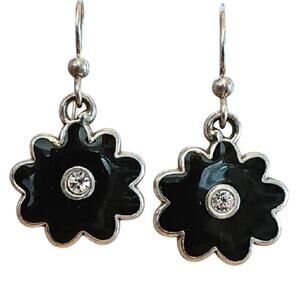 Brighton Black Enamel w/Crystal Center Floral Wire Earrings Silverplate?